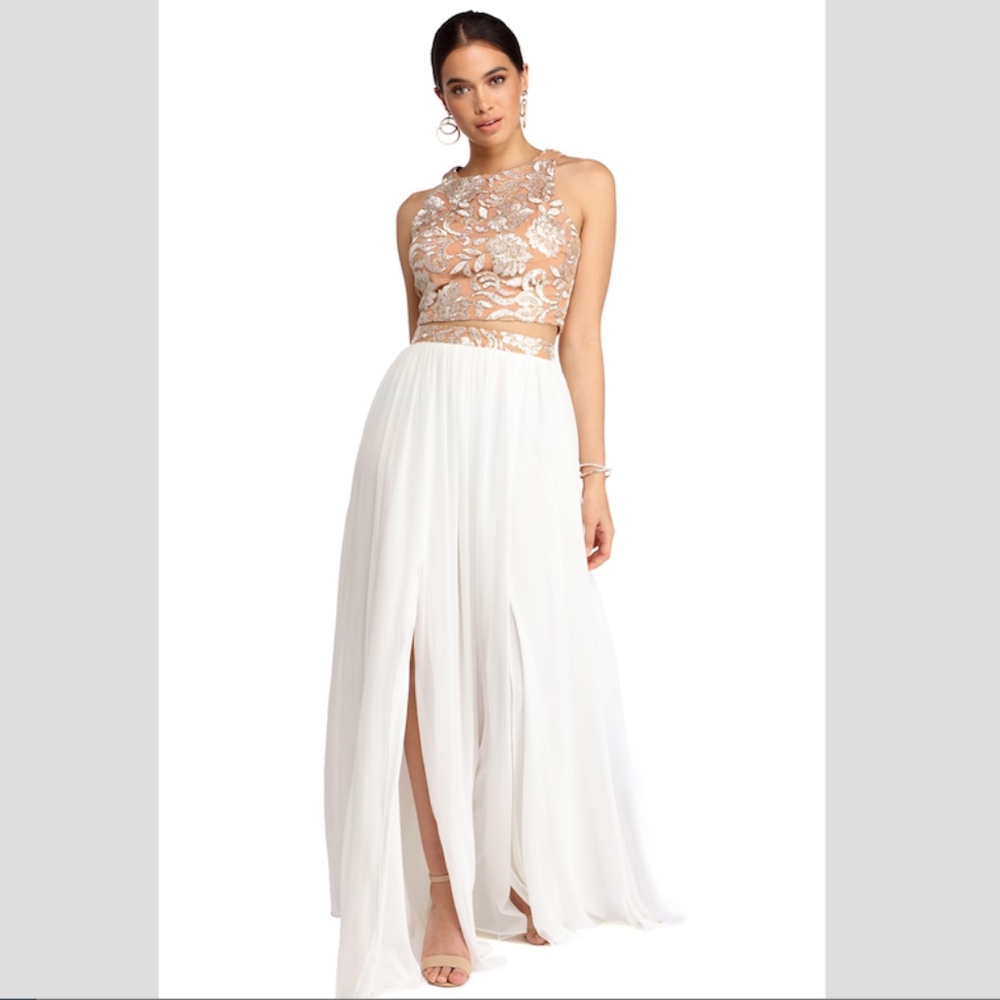 WINDSOR ALANNA IVORY TWO PIECE CHIFFON PROM DRESS